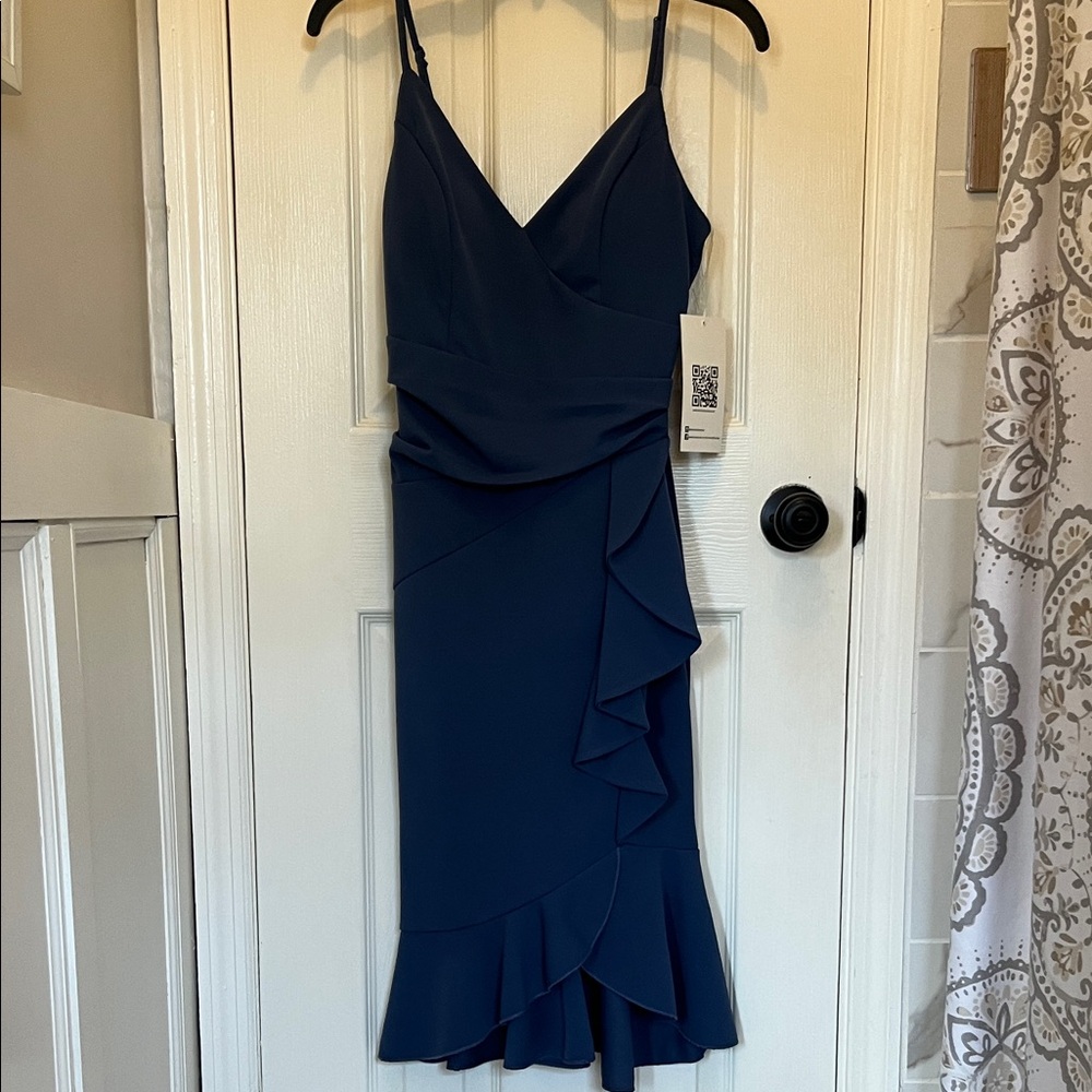 Emerald Sundae Navy Ruffle Midi Dress with Surplice Bodice